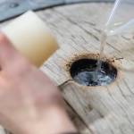 Katie Cochrane pours cider into a barrel to top it off at Garden Path Fermentation on Wednesday, Jan. 7, 2026 in Burlington, Washington. (Olivia Vanni / The Herald)