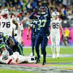 Seattle Seahawks cornerback Riq Woolen (27) celebrates after New England Patriots quarterback Drake Maye was sacked during Super Bowl LX at Levis Stadium in Santa Clara, California on Sunday, Feb. 8, 2026. (Photo courtesy of the Seattle Seahawks)