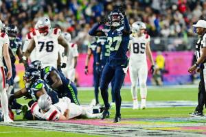 Seattle Seahawks cornerback Riq Woolen (27) celebrates after New England Patriots quarterback Drake Maye was sacked during Super Bowl LX at Levis Stadium in Santa Clara, California on Sunday, Feb. 8, 2026. (Photo courtesy of the Seattle Seahawks)