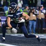 Seahawks receiver Jake Bobo catches a touchdown pass against the Los Angeles Rams in the NFC Championship Game at Lumen Field in Seattle on Sunday, Jan. 25. (Photo courtesy of the Seattle Seahawks)