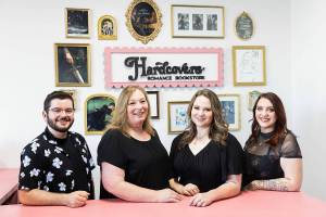 Conner Dennis, Cindy Kremkau, Lindsey Tabor and Carlie Rawson (left to right) at Hardcovers Romance Bookstore on Tuesday, July 8, 2025 in Mill Creek, Washington. (Olivia Vanni / The Herald)