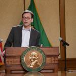 Gov. Bob Ferguson speaks to reporters around 9 p.m. on Thursday, March 12 following adjournment of the 2026 legislative session. (Photo by Bill Lucia/Washington State Standard)