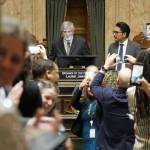 Rep. Timm Ormsby, D-Spokane, prepares to drop the gavel, closing out the 2026 legislative session, on Thursday, March 12 in Olympia. (Photo by Bill Lucia/Washington State Standard)