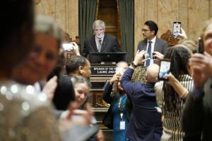 Rep. Timm Ormsby, D-Spokane, prepares to drop the gavel, closing out the 2026 legislative session, on Thursday, March 12 in Olympia. (Photo by Bill Lucia/Washington State Standard)