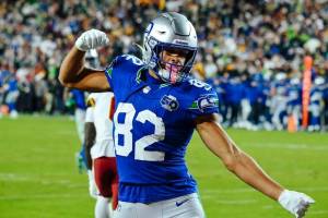 Seahawks wide receiver Cody White celebrates after scoring a touchdown against the Washington Commanders at Northwest Stadium in Landover, Maryland on Nov. 2, 2025. (Photo courtesy of Edwin Hooper / Seattle Seahawks)