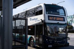 Will Geschke / The Herald
A Sound Transit express bus on Friday at Everett Station in Everett.