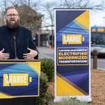 State Senator Mark Liias speaks at a press conference about electricity modernized transportation outside of Everett Station on Tuesday, March 31, 2026 in Everett, Washington. (Olivia Vanni / The Herald)