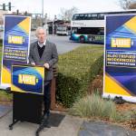 Clean & Prosperous Executive Director Michael Mann speaks at a press conference about electricity modernized transportation outside of Everett Station on Tuesday, March 31, 2026 in Everett, Washington. (Olivia Vanni / The Herald)