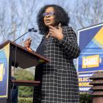 Future Workforce Alliance Chair Janice Greene, Ph.D. speaks at a press conference about electricity modernized transportation outside of Everett Station on Tuesday, March 31, 2026 in Everett, Washington. (Olivia Vanni / The Herald)