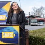 Snohomish County Council member Megan Dunn speaks at a press conference about electricity modernized transportation outside of Everett Station on Tuesday, March 31, 2026 in Everett, Washington. (Olivia Vanni / The Herald)
