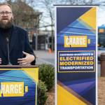 State Senator Mark Liias speaks at a press conference about electricity modernized transportation outside of Everett Station on Tuesday, March 31, 2026 in Everett, Washington. (Olivia Vanni / The Herald)