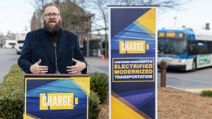 State Senator Mark Liias speaks at a press conference about electricity modernized transportation outside of Everett Station on Tuesday, March 31, 2026 in Everett, Washington. (Olivia Vanni / The Herald)