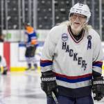 Lonnie Roughton skates on the ice before the Hackers playoff game at Angel of the Winds Arena on Sunday, March 29, 2026 in Everett, Washington. (Olivia Vanni / The Herald)