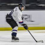 Andrew Greaves carries the puck during the Hackers playoff game at Angel of the Winds Arena on Sunday, March 29, 2026 in Everett, Washington. (Olivia Vanni / The Herald)
