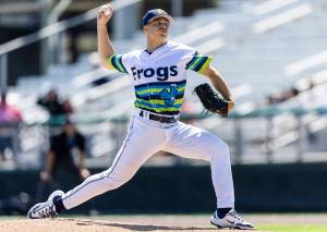 Everett AquaSox pitcher Evan Truitt pitches during the game against the Spokane Indians on Thursday, July 24, 2025 in Everett, Washington. (Olivia Vanni / The Herald)