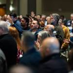 Attendees of the Snohomish County Prayer Breakfast sing on Friday, April 3, 2026, in Everett, Washington. (Will Geschke / The Herald)