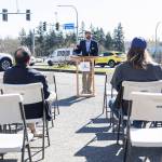 Lynnwood Public Works Director Jared Bond speaks at a groundbreaking event for the Poplar Way Bridge project on Wednesday, April 8, 2026, in Lynnwood, Washington. (Olivia Vanni / The Herald)