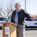 Lynnwood Mayor George Hurst speaks at a groundbreaking event for the Poplar Way Bridge project on Wednesday, April 8, 2026, in Lynnwood, Washington. (Olivia Vanni / The Herald)