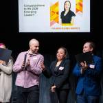 The 2026 Emerging Leaders winner Yuliana Flores-Montes reacts after being named the winner during the award event on Tuesday, April 7, 2026, in Everett, Washington. (Olivia Vanni / The Herald)