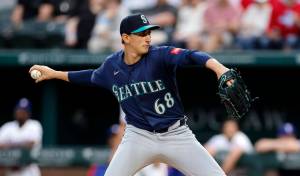 George Kirby of the Seattle Mariners pitches against the Texas Rangers during the first inning at Globe Life Field on Tuesday, April 7, 2026, in Arlington, Texas. (Ron Jenkins / Getty Images / Tribune News Services)