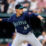 George Kirby of the Seattle Mariners pitches against the Texas Rangers during the first inning at Globe Life Field on Tuesday in Arlington, Texas. (Ron Jenkins / Getty Images / Tribune News Services)