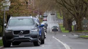 Cars drive north along Colby Avenue parallel to a bike lane on Tuesday, April 14, 2026 in Everett, Washington. (Olivia Vanni / The Herald)