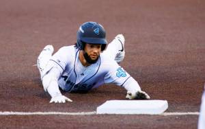 Carlos Jimenez of the AquaSox slides into third base for an RBI triple against Tri-City Dust Devils at Everett Memorial Stadium on Wednesday, April 8, 2026. (Photo courtesy of Shari Sommerfeld / Everett AquaSox)