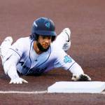 Carlos Jimenez of the AquaSox slides into third base for an RBI triple against Tri-City Dust Devils at Everett Memorial Stadium on Wednesday. (Photo courtesy of Shari Sommerfeld / Everett AquaSox)