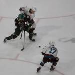 Silvertips forward Zackary Shantz fends off Rockets forward Tomas Poletin (10) during Everetts 4-1 win against Kelowna in Game 1 of the WHL Western Conference semifinals at Angel of the Winds Arena in Everett on Friday. (Joe Pohoryles / The Herald)