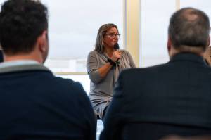 Everett Mayor Cassie Franklin speaks during the town hall on Tuesday, April 14, 2026 in Everett, Washington. (Will Geschke / The Herald)