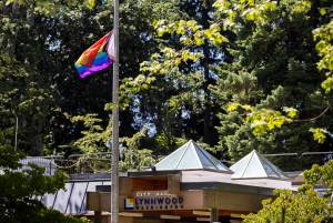 A rainbow LGBTQ+ Pride flag hanging from a flag pole outside of Lynnwood City Hall moves in the wind on June 10 in Lynnwood. (Olivia Vanni / The Herald)