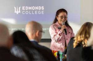 Edmonds College Vice President of Enrollment and Student Services Indra Paola Pelaez speaks at a round table event on Monday, May 4, 2026 in Edmonds, Washington. (Olivia Vanni / The Herald)
