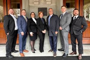 Oral arguments, April 3, 2025, U.S. Ninth Circuit Court of Appeals in Portland’s Pioneer Courthouse. Left to right, firefighter Ryan Stupey, firefighter/driver-operator David Petersen, Lauren Petersen, attorney Jennifer W. Kennedy, attorney Alan Reinach, firefighter Lt. Jay Stickney, and firefighter/tillerman Kevin Gleason. (Provided photo)