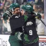Carter Bear #11 of the Everett Silvertips hugs Landon DuPont #9 after beating the Kelowna Rockets in Game 5 of the Western Hockey League second round to advance to the Western Conference Finals on Friday, April 17, 2026 in Everett, Washington. (Olivia Vanni / The Herald)