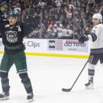 Jaxsin Vaughan #15 of the Everett Silvertips and Rowan Guest #26 of the Kelowna Rockets react after a goal is called back due to interference during Game 5 of the Western Hockey League second round on Friday, April 17, 2026 in Everett, Washington. (Olivia Vanni / The Herald)