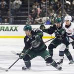 Landon DuPont #9 of the Everett Silvertips controls the puck during Game 5 of the Western Hockey League second round against the Kelowna Rockets on Friday, April 17, 2026 in Everett, Washington. (Olivia Vanni / The Herald)