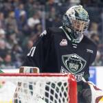 Anders Miller #31 of the Everett Silvertips looks on before the start of overtime during Game 5 of the Western Hockey League second round against the Kelowna Rockets on Friday, April 17, 2026 in Everett, Washington. (Olivia Vanni / The Herald)