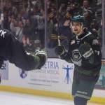 Carter Bear #11 of the Everett Silvertips reacts after scoring during Game 5 of the Western Hockey League second round against the Kelowna Rockets on Friday, April 17, 2026 in Everett, Washington. (Olivia Vanni / The Herald)