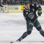 Landon DuPont #9 of the Everett Silvertips shoots the puck during Game 5 of the Western Hockey League second round against the Kelowna Rockets on Friday, April 17, 2026 in Everett, Washington. (Olivia Vanni / The Herald)