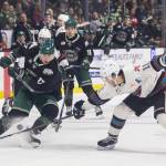 Tij Iginla #11 of the Kelowna Rockets knocks the puck away from Julius Miettinen #17 of the Everett Silvertips during Game 5 of the Western Hockey League second round on Friday, April 17, 2026 in Everett, Washington. (Olivia Vanni / The Herald)