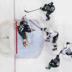 Anders Miller #31 of the Everett Silvertips blocks a shot by Parker Alcos #6 of the Kelowna Rockets during Game 5 of the Western Hockey League second round on Friday, April 17, 2026 in Everett, Washington. (Olivia Vanni / The Herald)