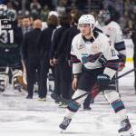 Landon DuPont #9 of the Everett Silvertips and Anders Miller #31 of the Everett Silvertips, along with other teammates, celebrate after beating the Kelowna Rockets in Game 5 of the Western Hockey League second round to advance to the Western Conference Finals on Friday, April 17, 2026 in Everett, Washington. (Olivia Vanni / The Herald)
Tomas Poletin #10 of the Kelowna Rockets looks on after losing to the Everett Silvertips in Game 5 of the Western Hockey League second round on Friday, April 17, 2026 in Everett, Washington. (Olivia Vanni / The Herald)