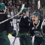 Landon DuPont #9 of the Everett Silvertips and Anders Miller #31 of the Everett Silvertips, along with other teammates, celebrate after beating the Kelowna Rockets in Game 5 of the Western Hockey League second round to advance to the Western Conference Finals on Friday, April 17, 2026 in Everett, Washington. (Olivia Vanni / The Herald)
Zackary Shantz #19 of the Everett Silvertips celebrates after beating the Kelowna Rockets in Game 5 of the Western Hockey League second round to advance to the Western Conference Finals on Friday, April 17, 2026 in Everett, Washington. (Olivia Vanni / The Herald)