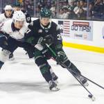 Matias Vanhanen #37 of the Everett Silvertips controls the puck against Parker Alcos #6 of the Kelowna Rockets during Game 5 of the Western Hockey League second round on Friday, April 17, 2026 in Everett, Washington. (Olivia Vanni / The Herald)