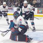 Josh Banini #35 of the Kelowna Rockets blocks a shot during Game 5 of the Western Hockey League second round against the Everett Silvertips on Friday, April 17, 2026 in Everett, Washington. (Olivia Vanni / The Herald)