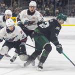 Brek Liske #42 of the Everett Silvertips controls the puck during Game 5 of the Western Hockey League second round against the Kelowna Rockets on Friday, April 17, 2026 in Everett, Washington. (Olivia Vanni / The Herald)