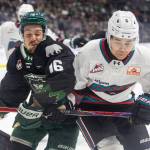Rylan Gould #16 of the Everett Silvertips and Parker Alcos #6 of the Kelowna Rockets shove each other during Game 5 of the Western Hockey League second round on Friday, April 17, 2026 in Everett, Washington. (Olivia Vanni / The Herald)