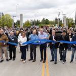 Everett Mayor Cassie Franklin and Mukilteo Mayor Joe Marine, along with council members and community members from both cities, cut the ribbon for the new Edgewater Bridge on Monday, April 27, 2026, in Everett, Washington. (Olivia Vanni / The Herald)