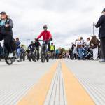 Cyclists ride their bikes across the reopened Edgewater Bridge on Monday, April 27, 2026, in Everett, Washington. (Olivia Vanni / The Herald)