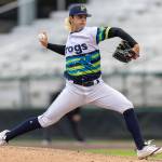 Taylor Dollard #40 of the Everett AquaSox pitches during the game against the Spokane Indians on Tuesday, April 21, 2026 in Everett, Washington. (Olivia Vanni / The Herald)